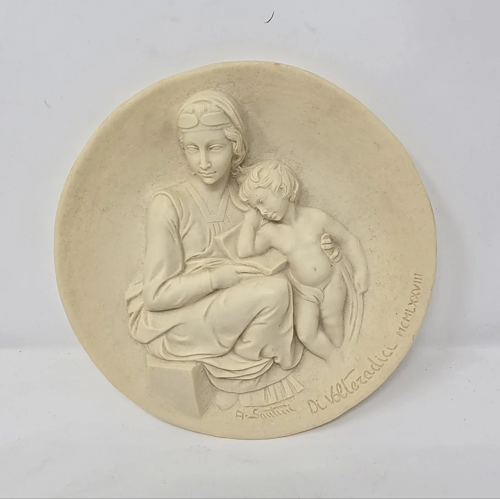 Vtg‎ 1978 pensive madonna  alabaster plate di volteradici santini italy religion